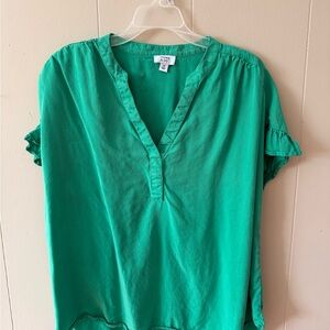 Crown and ivy Green V-Neck Blouse with Ruffle Detail